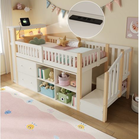 Halbhohes Bett 90x200 cm Natur aus Kiefernholz und MDF mit Stauraum, Leiter, LED und USB-Anschluss (1/5)