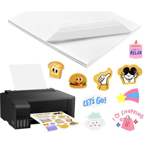 50 Pièces Kit Feuille Transparent Autocollant, Stickers Vinyle Imprimable pour Imprimante Jet d'Encre et Laser, Papier Collant Transparent (1/5)