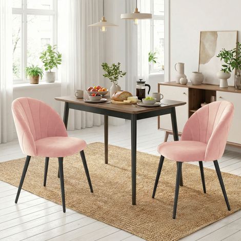Ensemble de 2 chaises de salle à manger rembourrées avec dossier en velours coquillage. 52 x 55 x 79 cm. Rose.