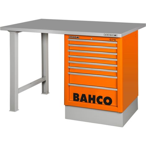 Bahco Robuste Werkbank mit Schubladenschrank, 7 Schubladen, Stahl-Arbeits/-Ablageplatte und zwei Beinen, orange, 1500 mm x 750 mm x 1030 mm