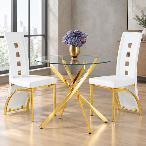 Conjunto de mesa y 2 sillas de comedor, cristal templado Ø 88 cm, blanco y dorado DESVIAE (1/5)