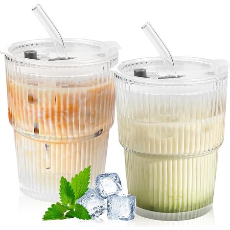 Lot 2 Verres Matcha 400ml, Couvercle + Paille, Smoothie/Café/Lait/Thé/Cocktails/Whisky, Étanche (1/5)