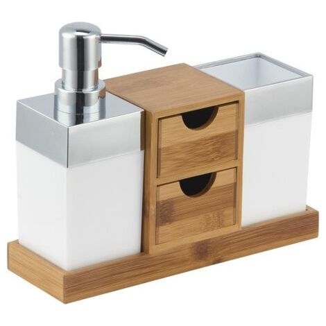Ensemble d'accessoires de salle de bain – 3 pièces en bambou et inox – Distributeur de savon, tiroirs et gobelet – Compact pour petits espaces (1/2)
