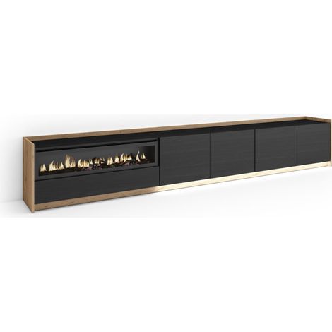 Skraut Home - Mueble TV, Televisión, Muebles de salón, almacenaje, 310x37x50cm, Para TV hasta 80", Chimenea eléctrica, LED, Estilo Moderno, Negro y roble (1/5)