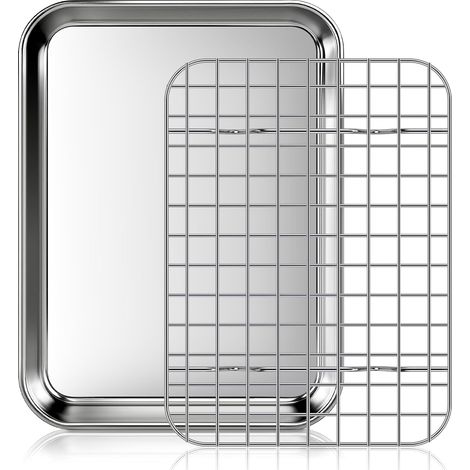 Plaque de Cuisson avec Grille de Refroidissement: Plaques et Grilles pour Cuisson au Four en Acier Inoxydable, Plat Four pour Rôti la Maison Cuisine Barbecue 23,5x17,5x2,5cm (1/5)
