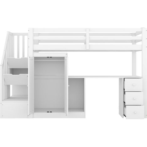 Letto a soppalco 90 x 200 cm con scrivania armadio cassetti e scala bianco (1/5)