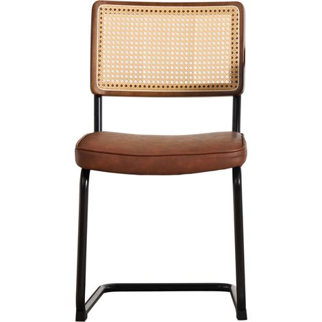 Chaise de salle à manger en rotin synthétique avec structure métal noir - Assise en cuir PU marron vintage (1/5)