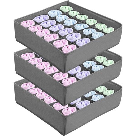 Ensemble organisateur de chaussettes et sous-vêtements 3 pièces (gris), organisateur de tiroir à 24 compartiments, boîte pliable (1/5)