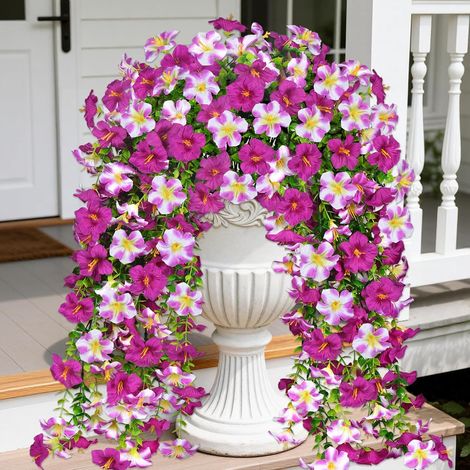 Lot de 4 pétunias artificiels à suspendre pour extérieur, résistantes aux UV, décoration extérieure d'été en soie synthétique pour maison, jardin, cour, balcon (orchidée profonde) (1/5)