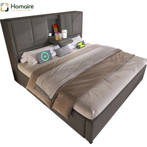 Cadre de lit gris en tissu avec rangement et port USB 217 x 143 x 115 cm HOMAIRE (1/5)