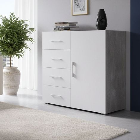 Dmora - Aparador Dnag, Buffet con 1 puerta y 4 cajones, Aparador de salón, Mueble multiusos con baldas, 100% Made in Italy, 90x41h87 cm, Blanco y Cemento (1/5)