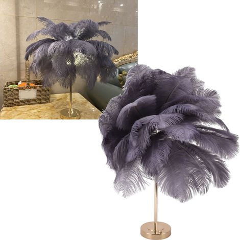 Lampe de table en plumes d'autruche - Lampe de table moderne et créative en plumes d'autruche - Lampe décorative romantique - Lampe de chevet nordique - Grise (1/5)