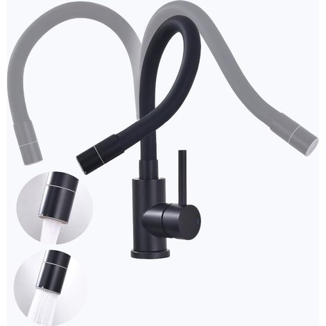 Robinet Cuisine Noir, Mitigeur Cuisine Flexible, Robinet Evier de Cuisine et 2 Modes de Pulvérisation, Mitigeur Evier Pivotant à 360°,Acier Inoxydable Économe en Eau (1/5)