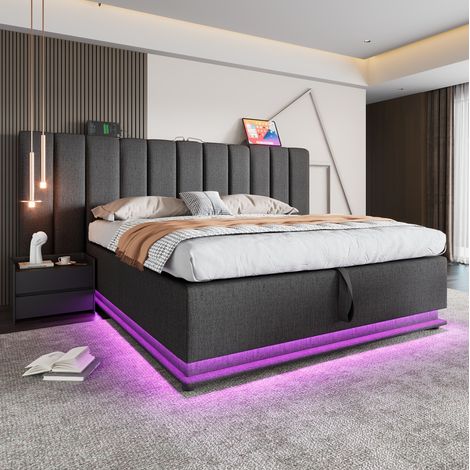 DESVIAE Lit coffre 180 x 200 cm avec LED 360 et ports USB USB C lit double en tissu lin gris avec sommier à lattes (1/5)