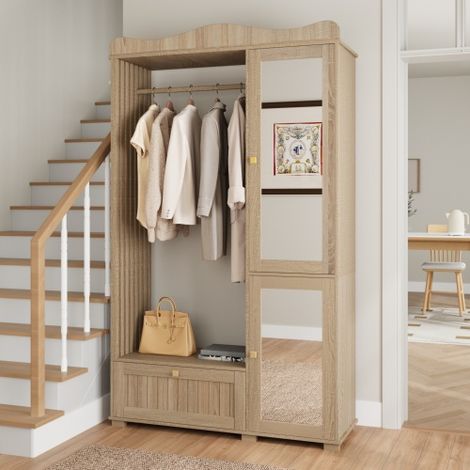 Armoire-vestiaire avec miroir et penderie ouverte – Meuble d'entrée compact, rangement pratique avec tiroir et 2 portes, idéal pour la chambre et le couloir.
