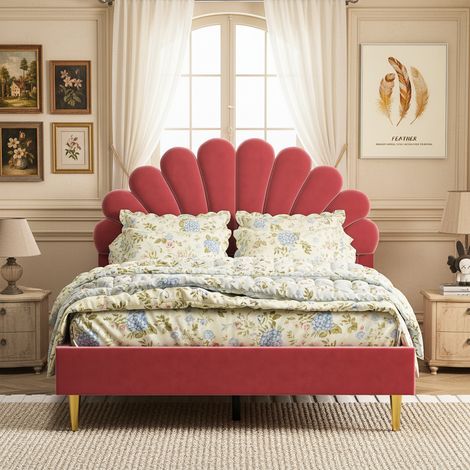 Tanant – Lit adulte capitonné 140x200cm – Tête de lit fleur – Sommier à lattes renforcé – Velours rouge – Design scandinave (1/5)