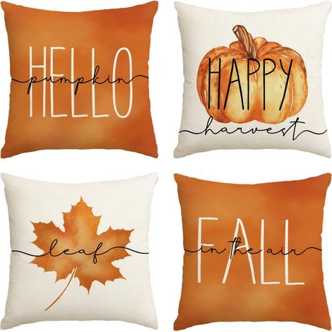 Lot de 4 housses de coussin décoratives automnales à motifs de citrouilles et de feuilles d'érable, 45 x 45 cm, pour canapé. (1/5)