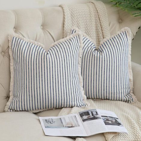 Ensemble de 2 housses de coussin carrées décoratives à rayures avec franges en coton chic, pour canapé, lit, salon, décoration de style champêtre, 50 x 50 cm (1/5)
