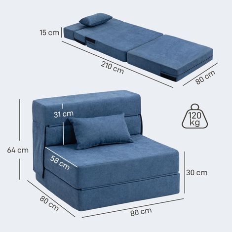 Canapé-lit 3-en-1 réversible, fauteuil convertible avec fonction sommeil, coussin lombaire, chaise longue en molleton bleu marine, relax pour salon, bleu foncé, matelassé (1/5)