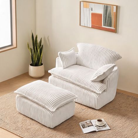 Fauteuil canapé 1 place compressé en tissu Kord beige avec pouf (1/5)