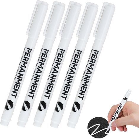 5 Pièces Marqueur Blanc Permanent, Stylo Blanc ImperméAble et SéChage Rapide, pour Bois, Pierre, Plastique, Cuir, Verre, Métal, Toile, Céramique (1/5)
