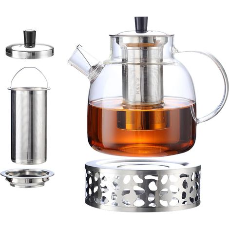 Tetera grande de vidrio de 1,5 L, juego de té de vidrio de borosilicato, tetera con infusor y calentador, mantiene el té caliente durante mucho tiempo, apta para lavavajillas. (1/5)