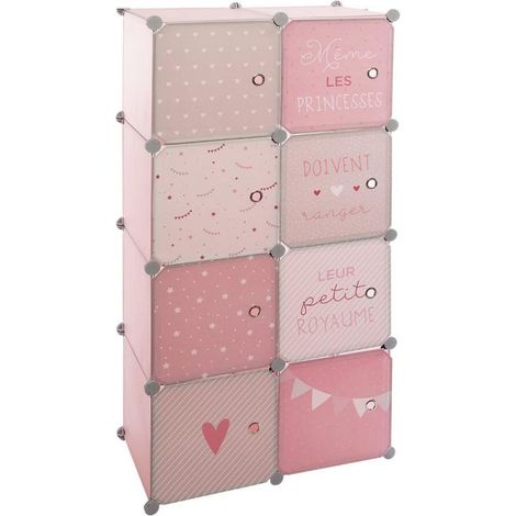 Atmosphera – Armoire penderie enfants 124cm rose – Fer et polypropylène – 5 cases et 1 barre de penderie – Montage facile
