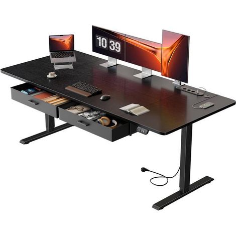 EcoFurnix Steh- und Sitzschreibtisch, 180 x 80 cm, mit integrierter Steckdose, 2 herausnehmbaren Schubladen, USB-C-Anschluss, Schwarz
