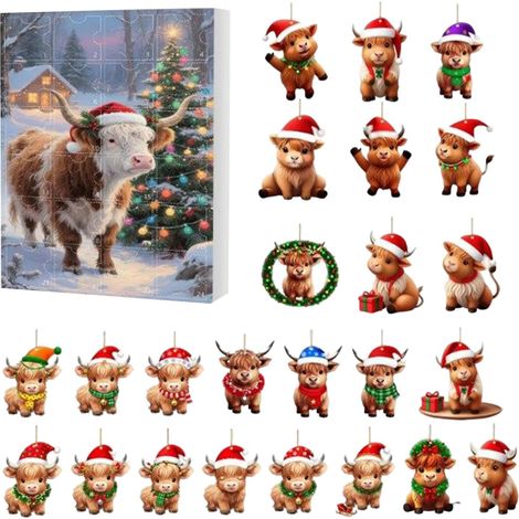 Avent de Noël Vache 2025 24 Jours De Calendrier De Compte À Rebours  Pendentif Highland Cow Pour Les Fêtes Pour Maison de Vacances Arbre Généalogique Fenêtre Mur Porte Rét (1/5)