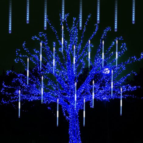 Guirlandes lumineuses d'extérieur en forme de glaçons et météores 12 pouces 8 tubes 288 LED flocons neige bleus (1/3)