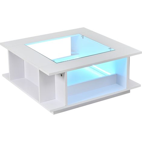 Mesa de centro cuadrada 70x70x30 cm blanca con vidrio, acabado brillo y LED HOMVRA (1/5)