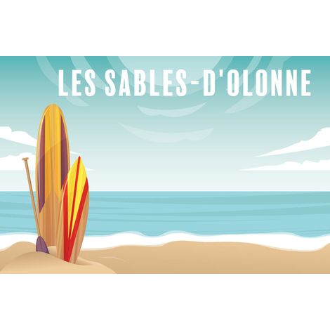 Tableau sur toile illustration surfs Sables-d'Olonne 45x65 cm - Impression sur Toile Murale Décorative - Image imprimée en HD sur Toile - Toile sur Châssis en Bois FSC - Fabriqué en France (1/4)