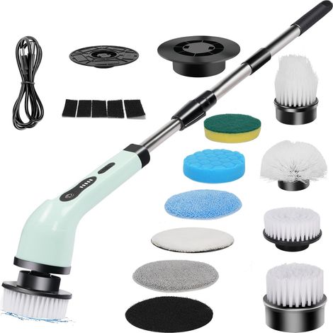 Brosse de Nettoyage Électrique Rotative 9 en 1, Rechargeable avec 9 Têtes Remplaçables et Manche Télescopique pour Salle de Bain, Toilettes (Vert)