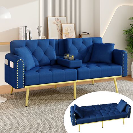 Sofá cama de 2 plazas convertible 175 x 80 x 73,5 cm en terciopelo azul HAVRYA (1/5)