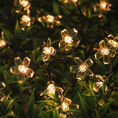 Guirnalda de luces solares LED con forma de flor de cerezo, 20 LED, 5 m, para exteriores, 8 modos, impermeable, para jardín, patio, fiestas, decoración navideña, blanco cálido. (1/4)