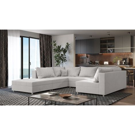 Wohnlandschaft Sofa ANDRO Schlaffunktion und Hocker Stoff Lincoln Hellbeige (1/5)