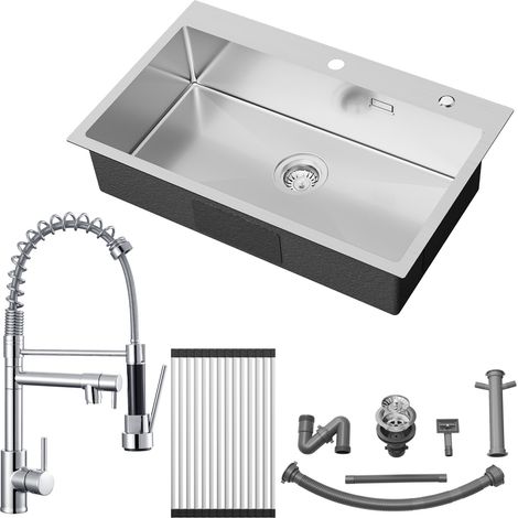 Auralum Max Fregadero de cocina de acero inoxidable fregadero encastrable 75 x 45 cm + grifo de cocina de muelle espiral con dos caños