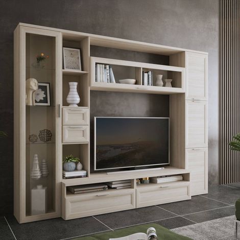 Parete Attrezzata Carenno, Mobile Soggiorno Modulabile, 4 Cassetti, 8 Ripiani, Marrone Olmo (1/5)