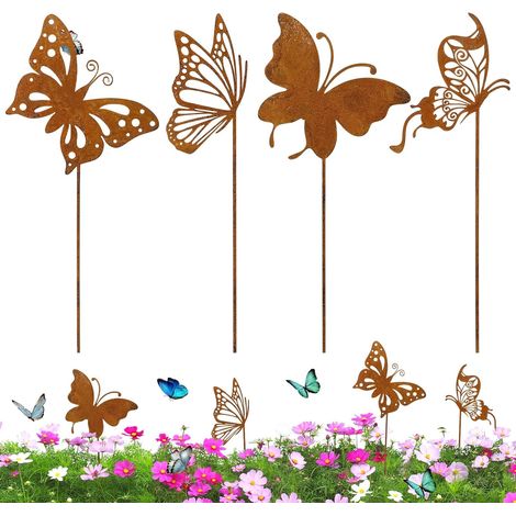 Lot de 4 piquets de jardin en forme de papillon en métal rouillé pour pot de fleurs, terrasse, balcon (1/5)