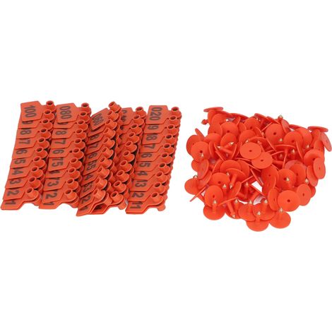 Lot de 100 étiquettes auriculaires numérotées de 001 à 100 pour bovins (vaches, veaux, porcs, chèvres). Identification des animaux (boucles d'oreille) - Couleur orange. (1/5)
