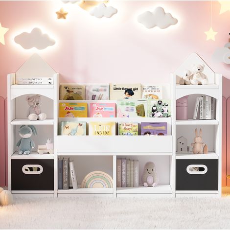 Bibliothèque enfant en forme de château 130x30x90 cm avec 2 boîtes pliables, rangement livres et jouets, MDF blanc (1/5)