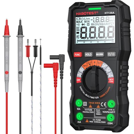 Multimètre numérique, 10 000 pointeurs, voltmètre CC/CA, sélection automatique de la gamme, mesure le courant, la résistance, la capacité, la fréquence et les diodes. HABOTEST HT136A (1/5)