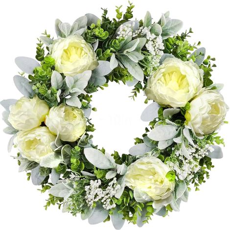 Couronne de pivoines (avec boîte) - Décoration florale printemps/été, pivoines artificielles à feuilles de pavot, à suspendre à la porte d'entrée. (1/2)