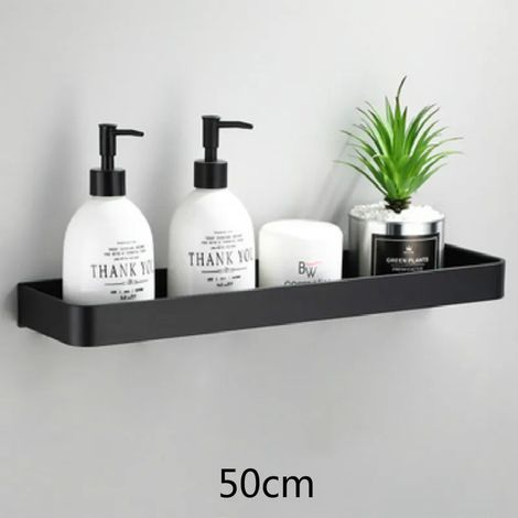 Étagère de salle de bain (50 cm, noire) - Organisateur sans perçage - Rangement de douche - Étagères d'angle murales en aluminium noir - Porte-shampoing WC (1/5)