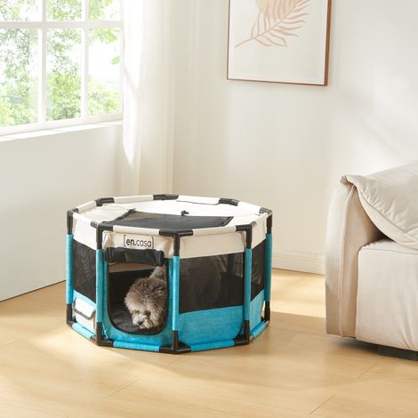 Parque para perros Nærøysund poliéster 112x112x62cm - Azul/Beige [en.casa]