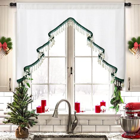 Rideau de Cuisine Arbre de Noël Bohème Mignon, Blanc et Vert, 47 pi de large x36 pi de long, 1 pièce (1/5)