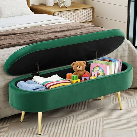 Banc de rangement multifonctionnel, velours doux, pieds métalliques, cadre en bois massif, 20L de stockage, 110x40x42cm, pour chambre, salon, chaussures, entrée, vert (1/5)