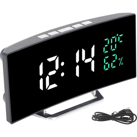 Réveil miroir LED à écran incurvé, affichage 12/24 heures de la température et de l'humidité, fonction snooze, électrique (1/5)