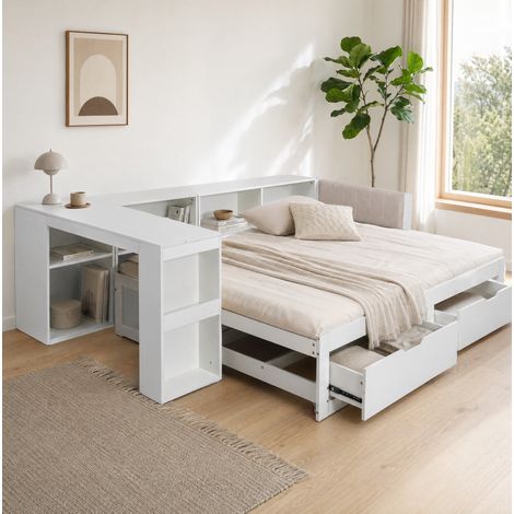 Lit 2 places avec bureau intégré 180x200 cm bois et MDF blanc, rangement sans matelas - CHICFURN (1/5)