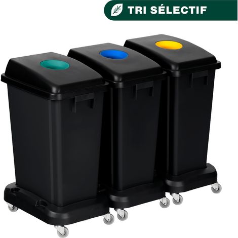 JVD - Lot de 3 collecteurs de tri sélectif 60L avec couvercle vert bleu et jaune avec charriot - Matériel professionnel (1/2)